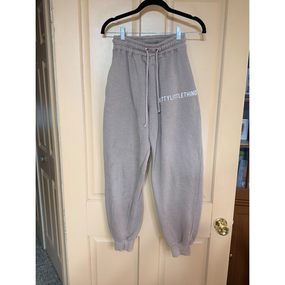 PrettyLittleThing Taupe Logo Joggers High Waist Sweatpants Mushroom Brown Size M